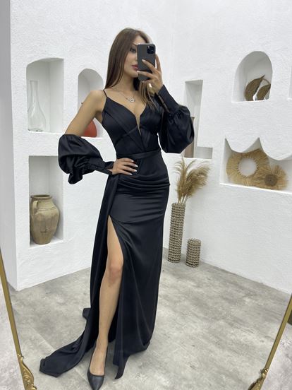 Siyah İp Askılı Kol Detay Drapeli Saten Abiye Elbise Aller
