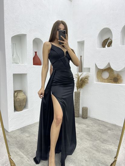 Siyah İp Askılı Kol Detay Drapeli Saten Abiye Elbise Aller