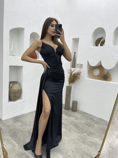 Siyah İp Askılı Kol Detay Drapeli Saten Abiye Elbise Aller