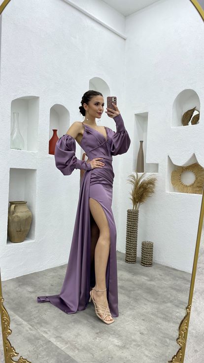 Lila İp Askılı Kol Detay Drapeli Saten Abiye Elbise Aller