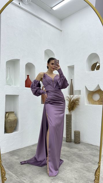 Vestido de noche drapeado de satén lila con detalle de manga de cuerda lila Aller
