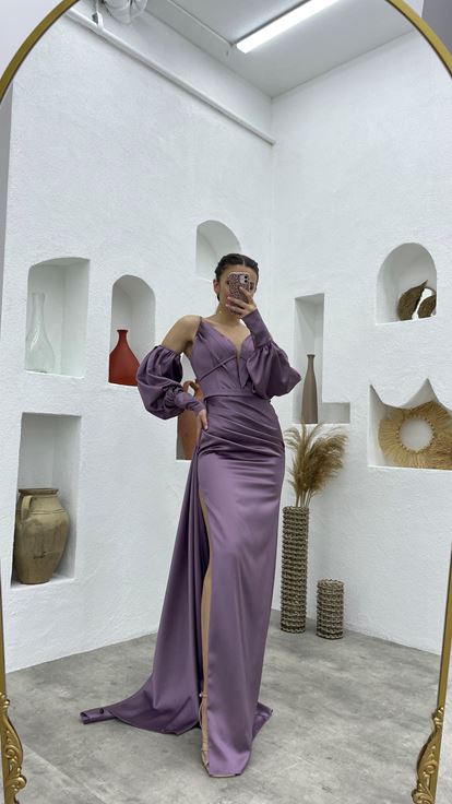 Lila İp Askılı Kol Detay Drapeli Saten Abiye Elbise Aller