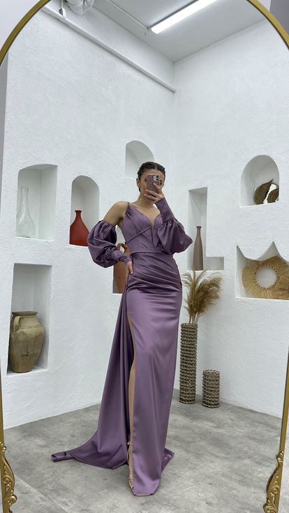 Lila İp Askılı Kol Detay Drapeli Saten Abiye Elbise Aller