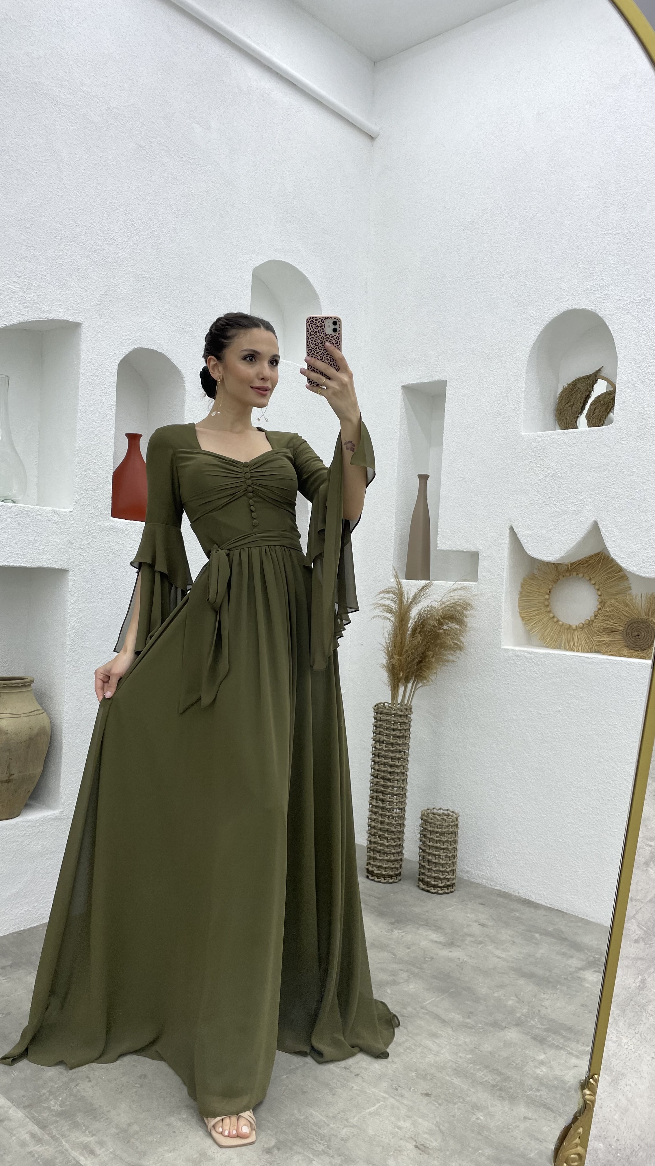sachin and babi light blue dress Khaki Button Detail Sleeves Flounce Chiffon Evening Dress
