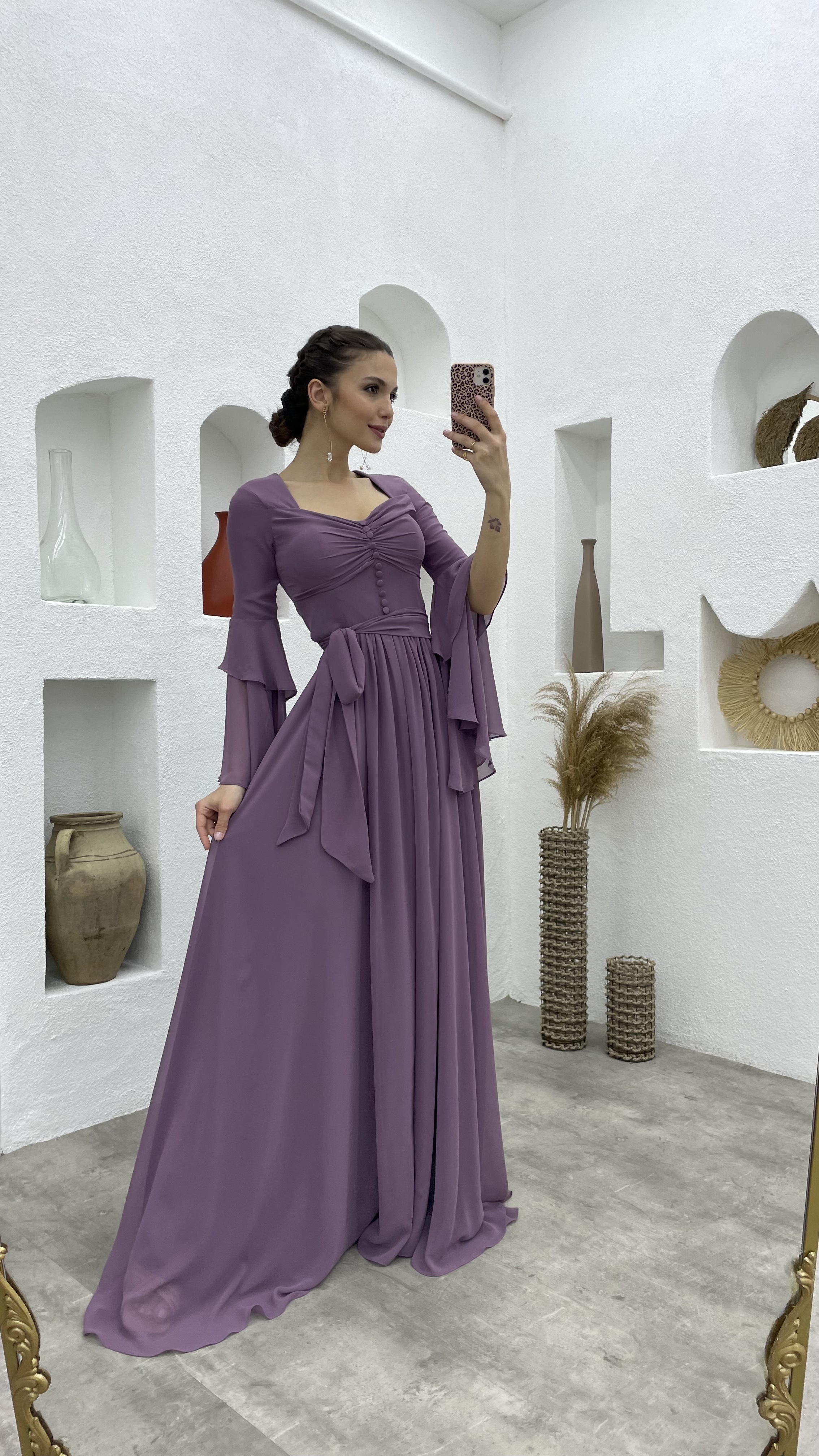 Lilac Button Detail Sleeves Flounce Chiffon Evening Dress