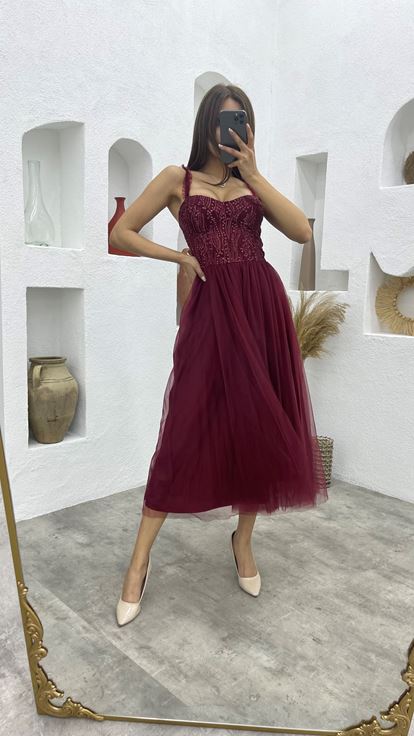 Bordo Askılı Üzeri Simli Gloplu Tül Abiye Elbise