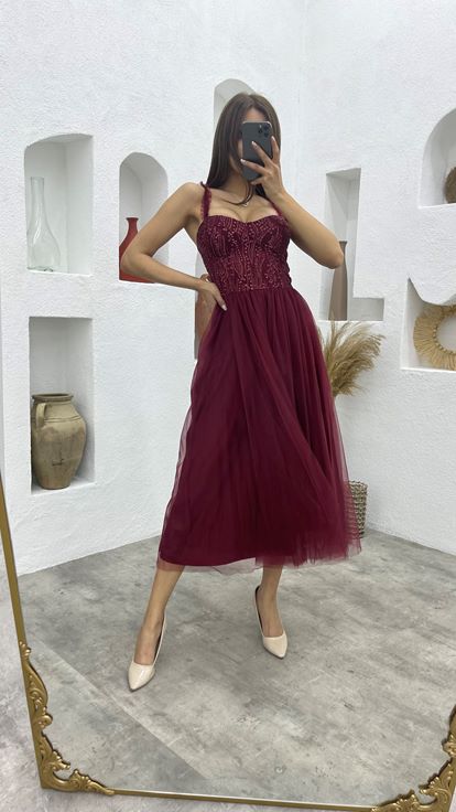 Bordo Askılı Üzeri Simli Gloplu Tül Abiye Elbise