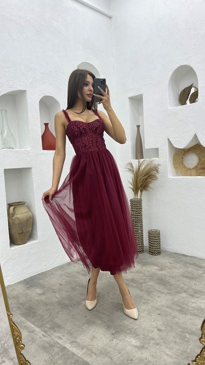 Bordo Askılı Üzeri Simli Gloplu Tül Abiye Elbise