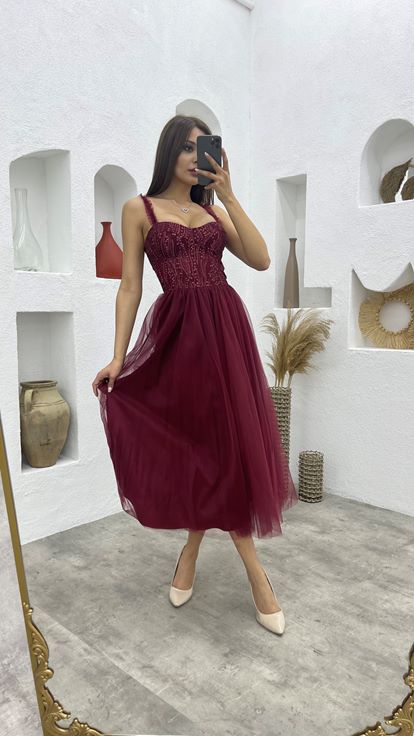 Bordo Askılı Üzeri Simli Gloplu Tül Abiye Elbise