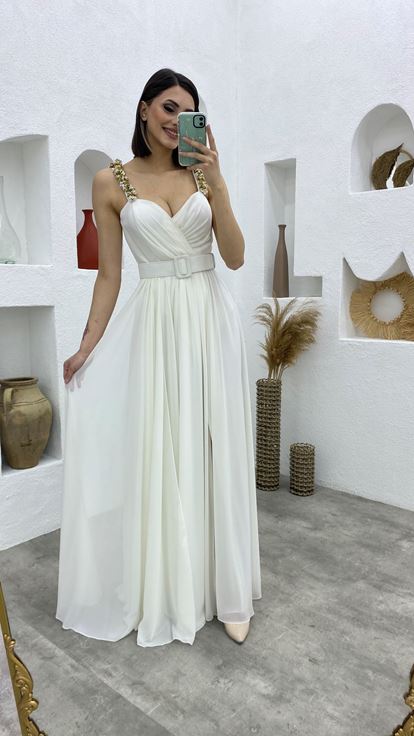 Beyaz Taşlı Askılı Kruvaze Yaka Sifon Abiye Elbise