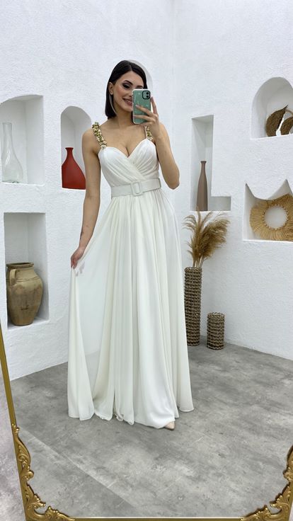 Beyaz Taşlı Askılı Kruvaze Yaka Sifon Abiye Elbise