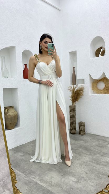 Beyaz Taşlı Askılı Kruvaze Yaka Sifon Abiye Elbise