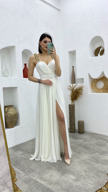 Beyaz Taşlı Askılı Kruvaze Yaka Sifon Abiye Elbise