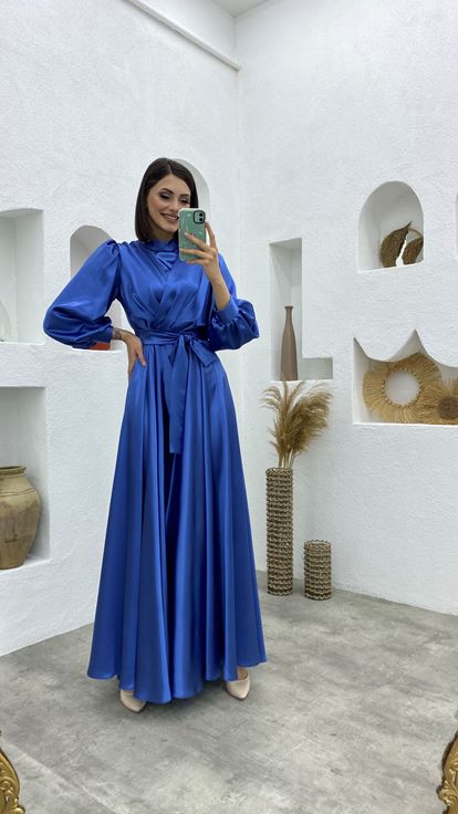 Blue Belt Detail Double Breasted Collar Satin Evening Dress