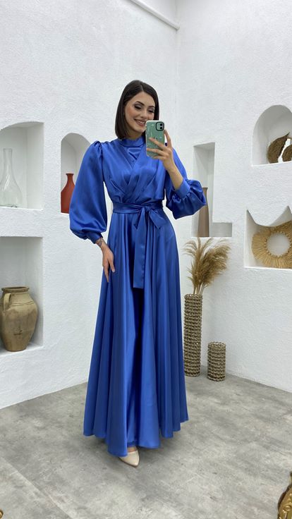 Blue Belt Detail Double Breasted Collar Satin Evening Dress