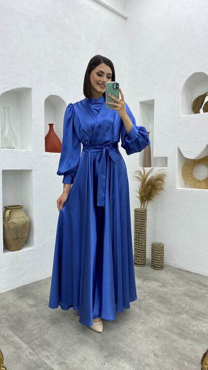 Blue Belt Detail Double Breasted Collar Satin Evening Dress