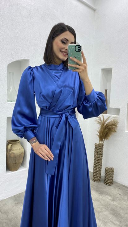 Blue Belt Detail Double Breasted Collar Satin Evening Dress