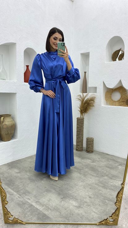 Blue Belt Detail Double Breasted Collar Satin Evening Dress