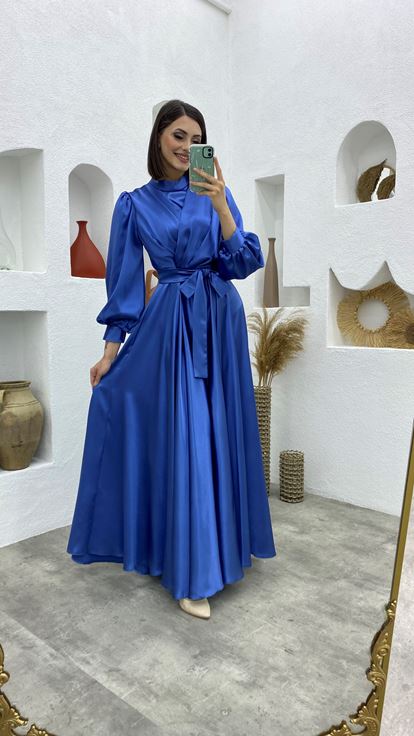 Blue Belt Detail Double Breasted Collar Satin Evening Dress