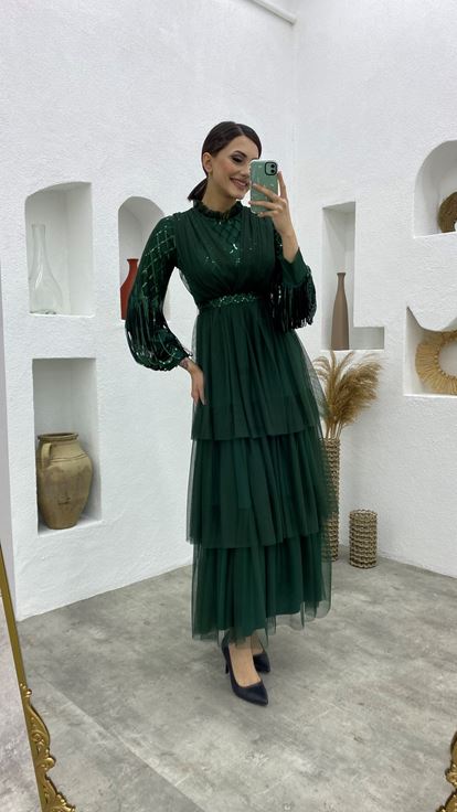 Yeşil Kolları Payet Kemerli Tül Abiye Elbise