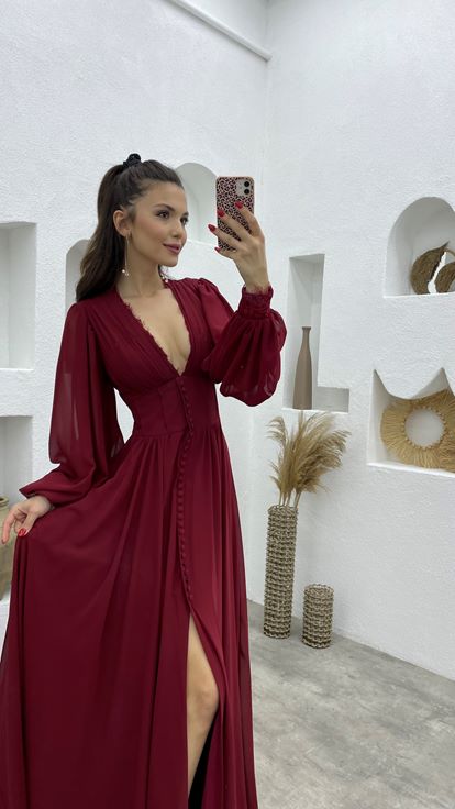 Bordo Düğme Detay Göğsü Dantelli Şifon Abiye Elbise