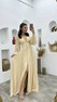 Krem Düğme Detay Göğsü Dantelli Şifon Abiye Elbise