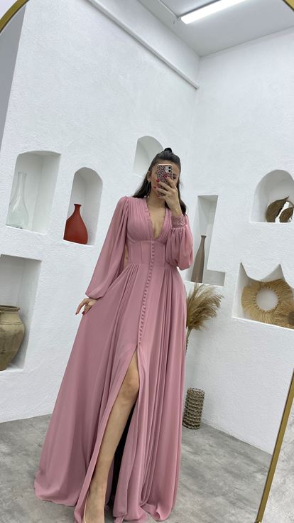 Pudra Düğme Detay Göğsü Dantelli Şifon Abiye Elbise