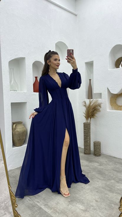 Lacivert Düğme Detay Göğsü Dantelli Şifon Abiye Elbise