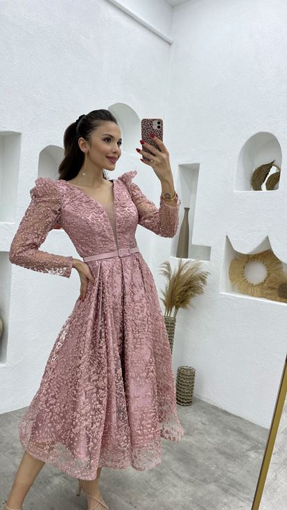 Powder Sleeves Tulle Midi Length Evening Dress