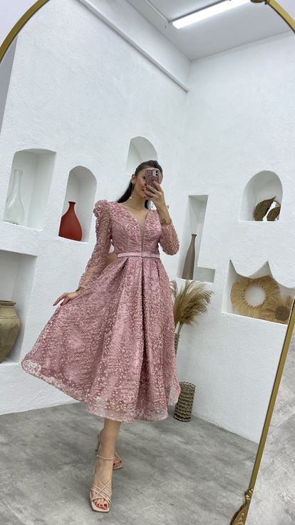 Powder Sleeves Tulle Midi Length Evening Dress