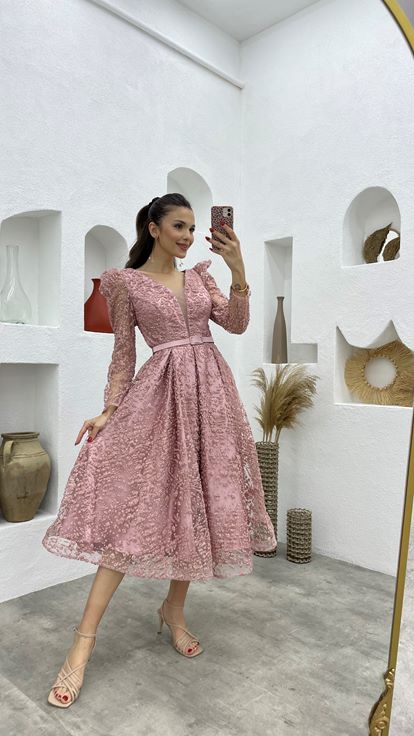 Powder Sleeves Tulle Midi Length Evening Dress
