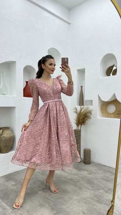 Powder Sleeves Tulle Midi Length Evening Dress