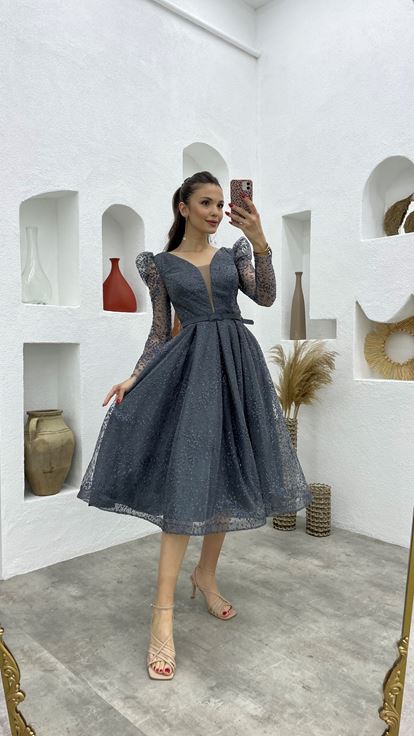 Gri Kolları Tül Midi Boy Abiye Elbise