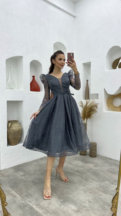 Gri Kolları Tül Midi Boy Abiye Elbise