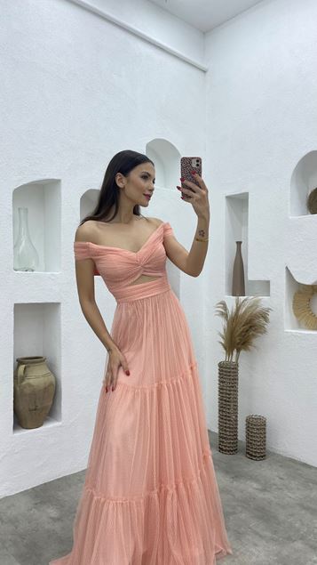 Powder Bust Patterned Tulle Evening Dress