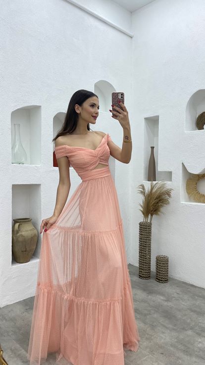 Powder Pink Tulle Evening Dress with Patterned Bust