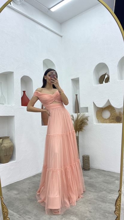 Powder Pink Tulle Evening Dress with Patterned Bust