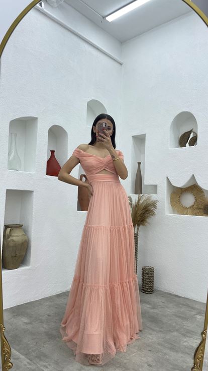 Powder Pink Tulle Evening Dress with Patterned Bust