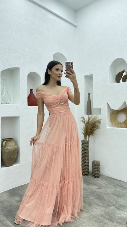 Powder Pink Tulle Evening Dress with Patterned Bust