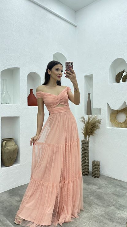 Powder Pink Tulle Evening Dress with Patterned Bust