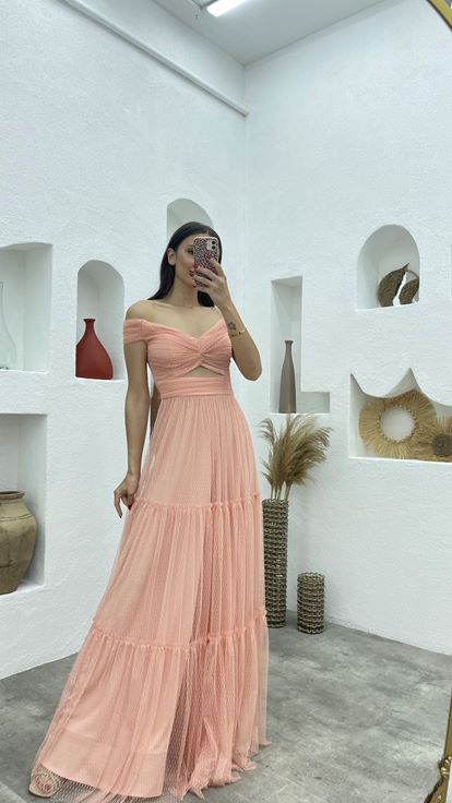 Powder Pink Tulle Evening Dress with Patterned Bust