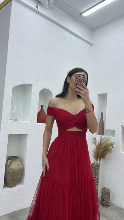 Bordo Göğüs Kısmı Desenli Tül Abiye Elbise