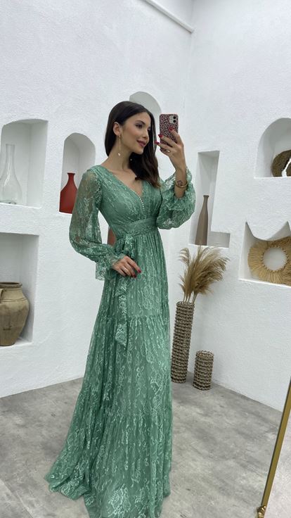 Yeşil Dantel Desenli V Yaka Tül Abiye Elbise