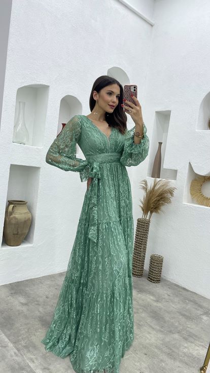 Yeşil Dantel Desenli V Yaka Tül Abiye Elbise