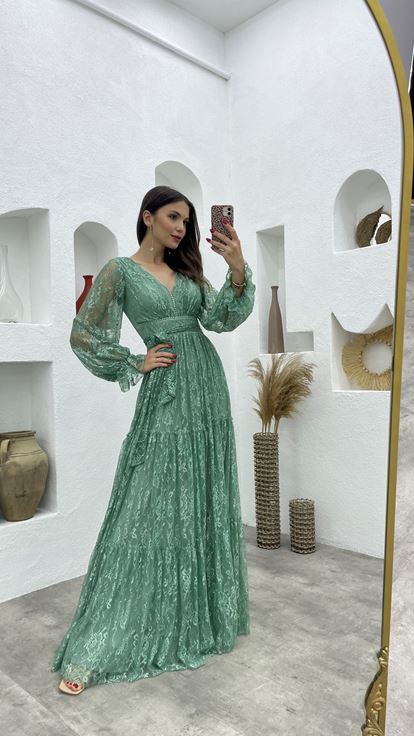 Yeşil Dantel Desenli V Yaka Tül Abiye Elbise