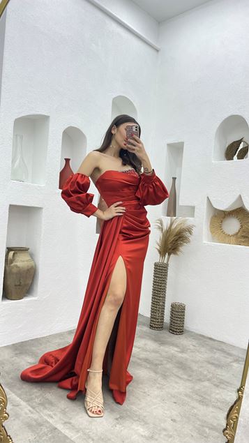 Tile Bust Part Stone Detail Satin Evening Dress