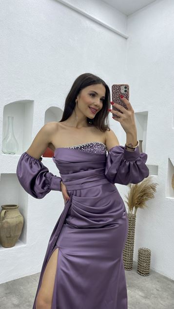 Lilac Bust Part Stone Detail Satin Evening Dress