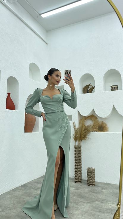 Mint Green Sequin Embellished Evening Dress with Slit