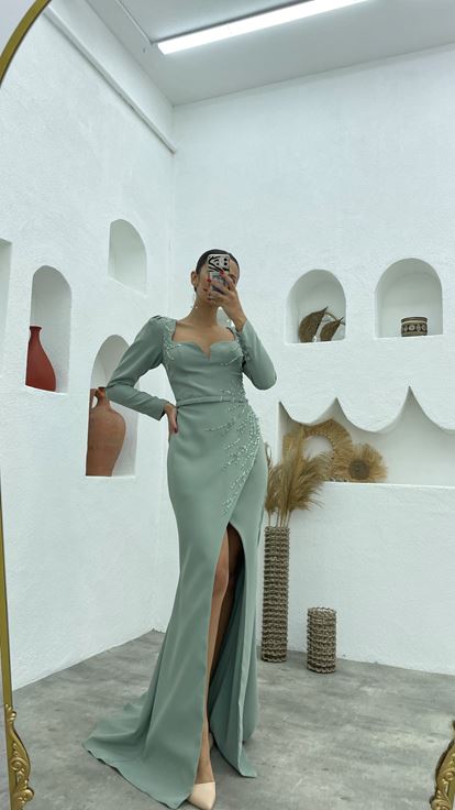 Mint Green Sequin Embellished Evening Dress with Slit