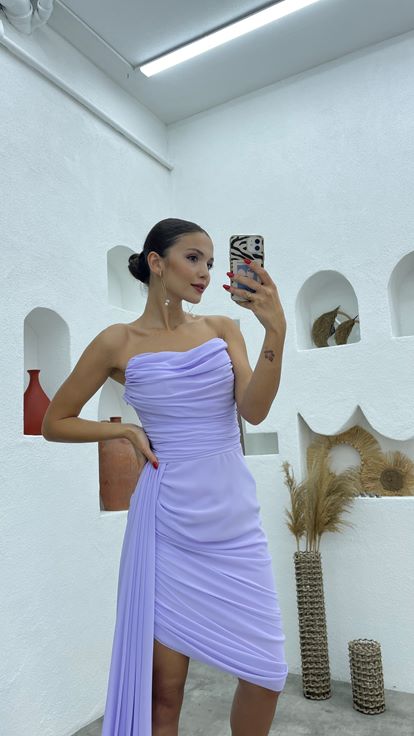 Lila Pelerinli Şifon Abiye Elbise Aller